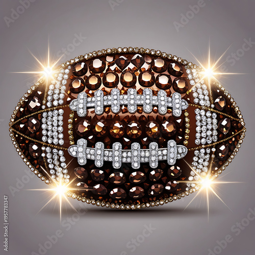 A luxurious football encrusted with sparkling diamonds and gold on a gray background
