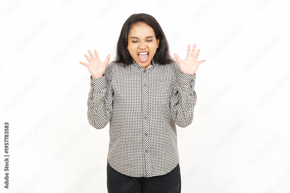 Obraz premium Angry and Screaming Young Asian Woman with Raised Hands