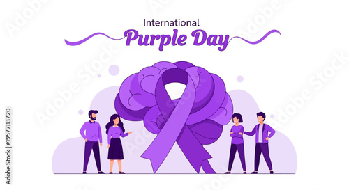 Illustration of four people standing around a large purple ribbon and brain on International Purple Day for epilepsy awareness with a purple theme.