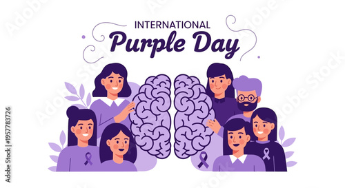 Illustration of diverse people supporting International Purple Day for epilepsy awareness with purple ribbon and brain graphics on a white background.