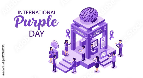Illustration of people supporting epilepsy awareness with purple ribbon and brain symbol on International Purple Day in a purple theme awareness campaign.