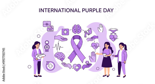 Illustration of three people surrounded by purple icons and symbols for International Purple Day, promoting epilepsy awareness with a purple ribbon and various medical-related graphics on a