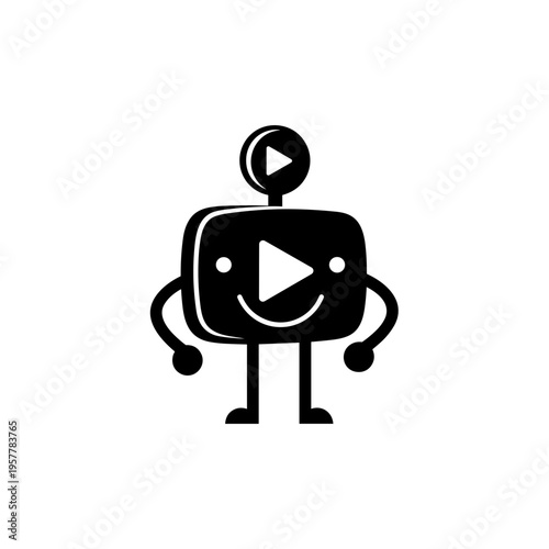 Play button robot character icon design.