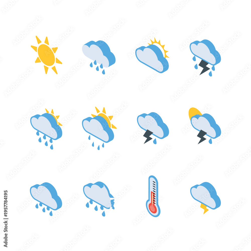 Obraz premium Weather forecast icons with sun clouds rain lightning and thermometer.
