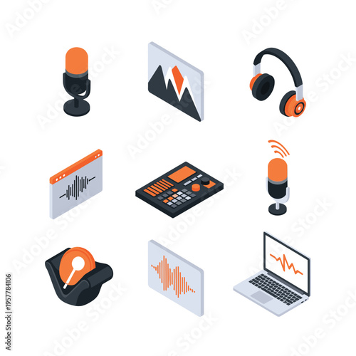 Digital audio recording equipment icons set.