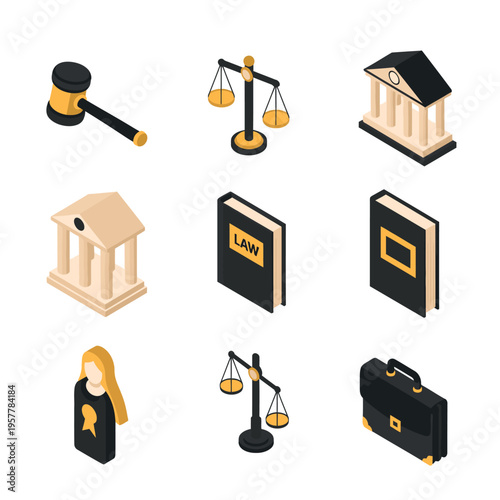 law icons set with gavel and scales.