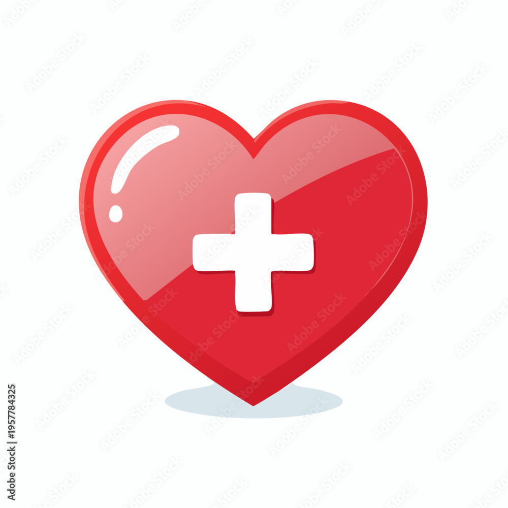 Obraz premium Red heart shape with white medical cross symbol for healthcare and medical concepts.