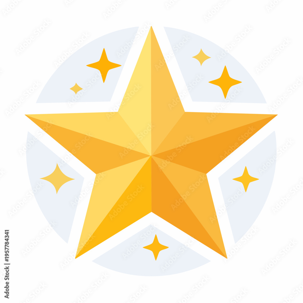 Fototapeta premium Golden star icon with radiating sparkles on light grey circle background.