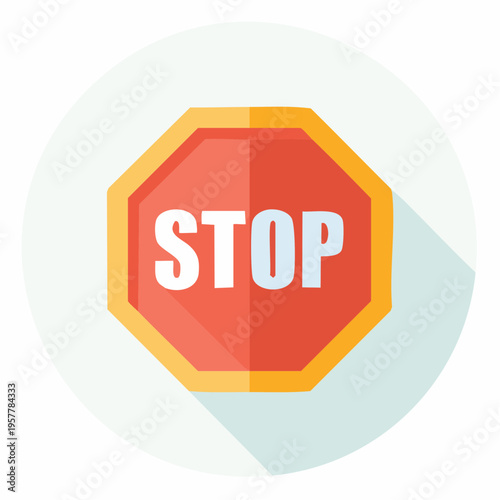 Illustrated stop sign icon with long shadow, flat design style