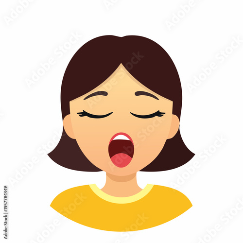Woman yawning showing wide open mouth and closed eyes. Cartoon vector illustration.