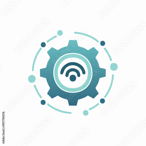 Gear with WiFi symbol in a circle of connection points. Technology concept.