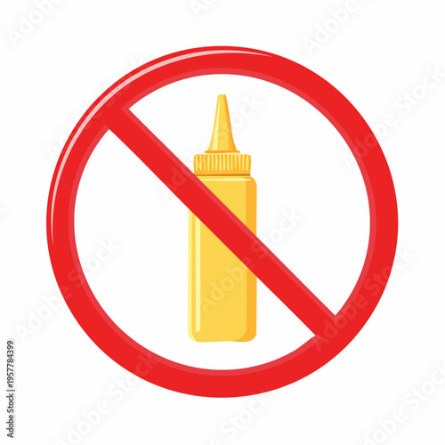 Mustard bottle forbidden sign, food ban, unhealthy eating, restricted yellow condiment