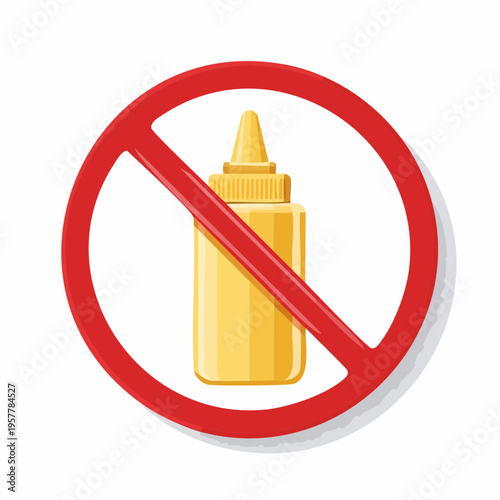 Mustard bottle inside prohibited symbol, food restriction illustration