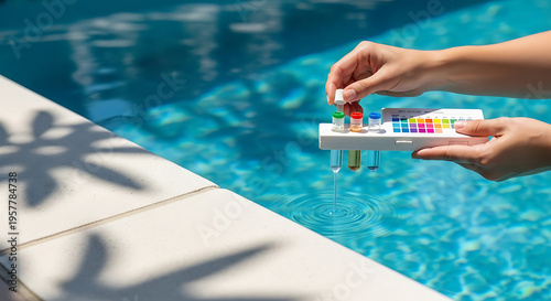 Person holding a pool water testing kit near a swimming pool on a sunny day.