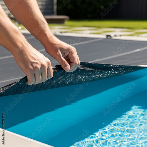 Person installing a protective cover on a swimming pool outdoors.