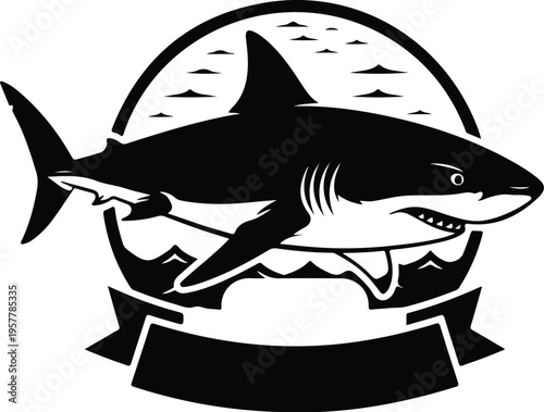 Black and white shark logo with ocean background design