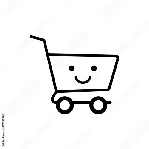 Smiling shopping cart icon with wheels.