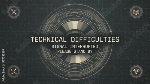 Futuristic Interface Display Showing Signal Interrupted Technical Difficulties Screen