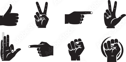 Various hand gestures in black silhouette on white background