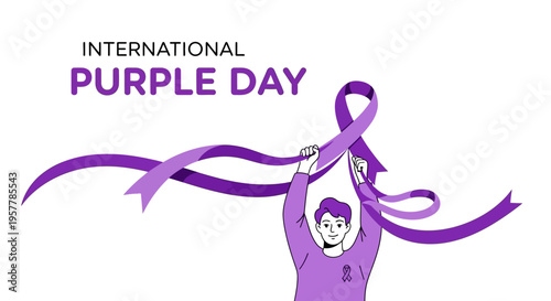 Illustration of a person holding a purple ribbon for International Purple Day to raise epilepsy awareness with a purple theme.