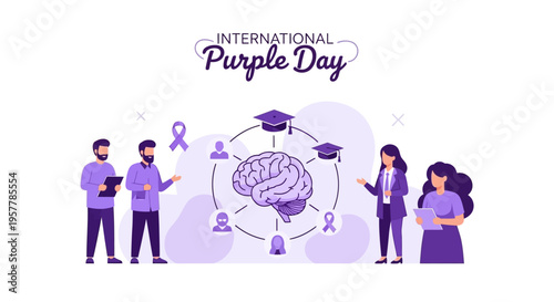 Illustration of people supporting epilepsy awareness with purple ribbon and brain symbol on International Purple Day against a clean white background.