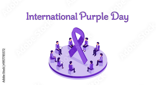 Illustration of people supporting Epilepsy Awareness Day with a purple ribbon on International Purple Day against a clean white background with purple theme awareness.