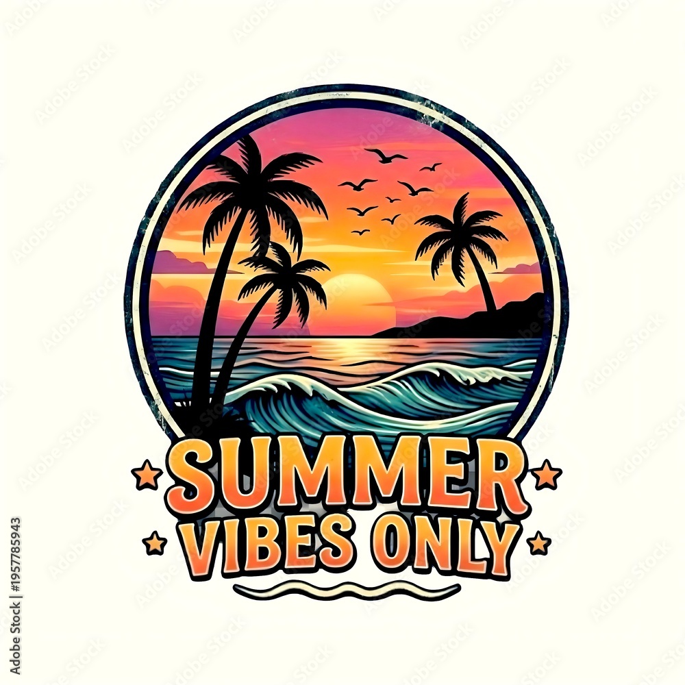 Obraz premium Tropical Beach Sunset Illustration with Palm Trees and Summer Vibes Only Quote for T-Shirt Design.