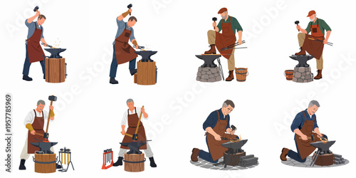 Collection of blacksmith illustrations showing craftsmen working with metal, hammering on anvils in various poses on a white background