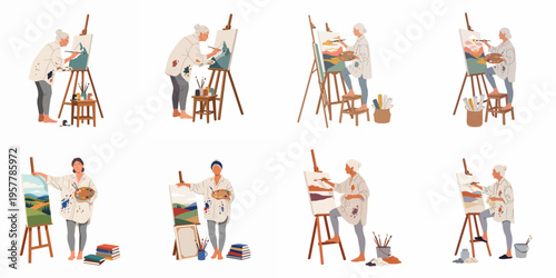 Set of flat illustrations of female artists painting various landscape scenes on canvases with easels, isolated on a white background.