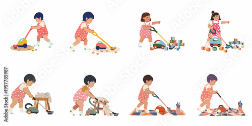 A collection of flat illustrations showing a cute toddler girl playing with toy vacuum cleaners and helping with household chores across different scenarios.