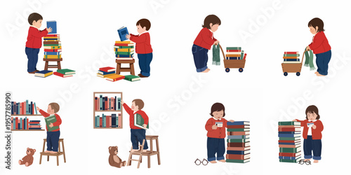 Set of vector illustrations showing a toddler boy exploring books, stacking them, pushing a cart, and reaching shelves in a library or playroom.