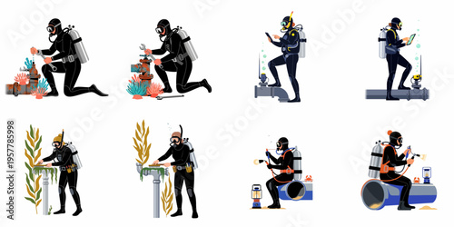 Illustration set of professional commercial scuba divers performing various underwater maintenance and repair tasks on pipes and industrial equipment.