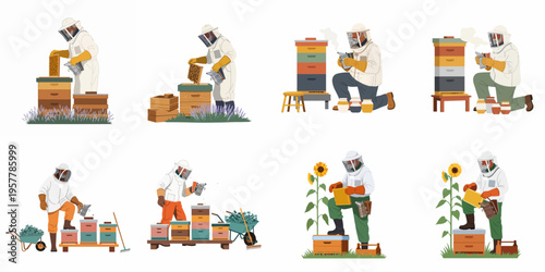 Set of flat illustrations featuring a professional beekeeper in protective gear harvesting honey from wooden hives in various outdoor garden settings.