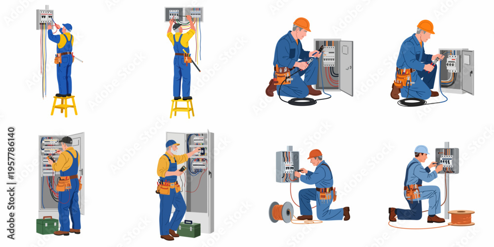 Fototapeta premium Professional electricians in various poses installing and repairing electrical panels with tools, cable reels, and safety equipment isolated on white background.