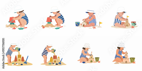 Collection of flat vector illustrations showing toddlers playing in the sand and building sandcastles with beach toys isolated on white.