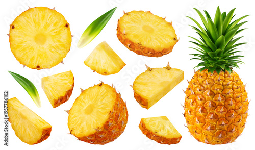 Isolated pineapple set. A collection of pineapple halves and slices isolated on a transparent background.