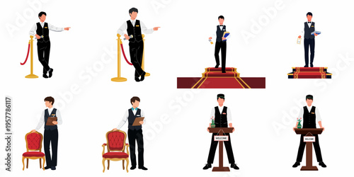Set of hospitality staff illustrations including concierge, waiter, and usher in formal uniform for luxury events and hotel service.
