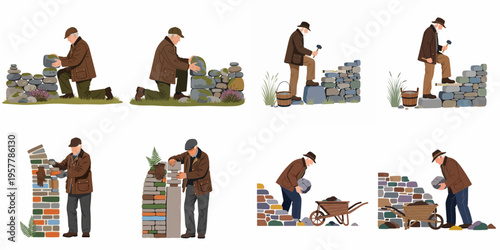 Set of eight illustrations depicting a senior craftsman building traditional dry stone walls, showcasing various poses, tools, and construction techniques in a rural setting.