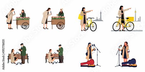 Set of flat vector illustrations depicting various urban life activities such as interviewing, cycling, park relaxation, and street performance.