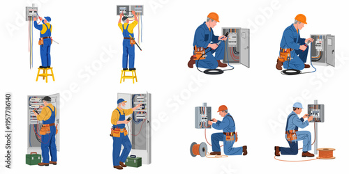 Professional electricians in various poses installing and repairing electrical panels with tools, cable reels, and safety equipment isolated on white background.