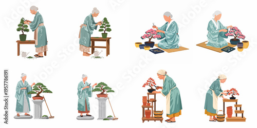 Flat Illustration Collection of an Elderly Japanese Woman in a Kimono Pruning and Caring for Various Bonsai Trees