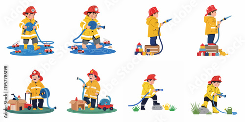 Set of illustrations of a cute little boy dressed as a firefighter playing with water hoses, toy trucks, and fire-themed props.