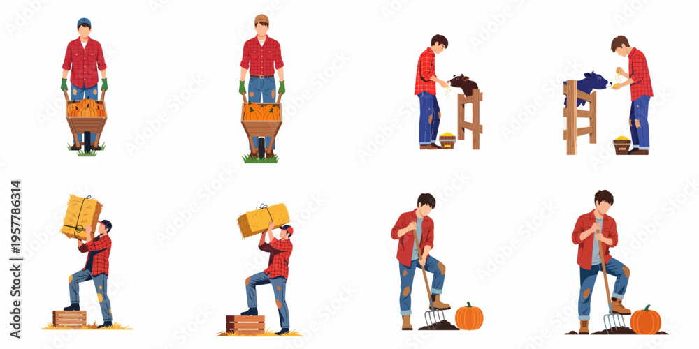 Naklejka premium Illustration set of a young male farmer performing various farm activities including harvesting pumpkins, feeding cows, and carrying hay bales on white background.