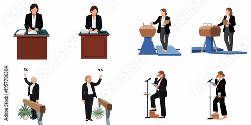 Vector illustration set of female gymnastics judges and officials in professional suits, scoring, officiating, and presenting in various sports event scenarios.
