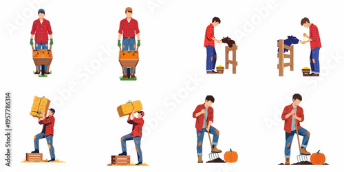Illustration set of a young male farmer performing various farm activities including harvesting pumpkins, feeding cows, and carrying hay bales on white background.