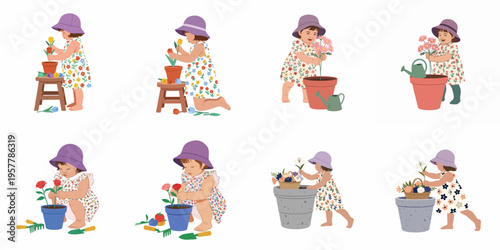 Set of illustrations of a cute toddler girl in a floral dress and sun hat gardening with various flowers in pots on white background.