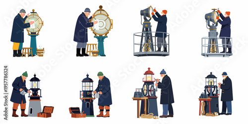 Collection of illustrations featuring an elderly lighthouse keeper performing various maintenance duties like cleaning lenses, oiling lamps, and repairing mechanical components.