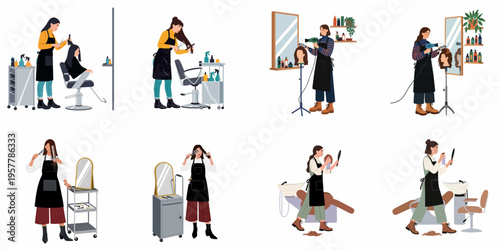 A flat vector illustration collection featuring professional female hair stylists working in a modern salon with various tools and equipment.