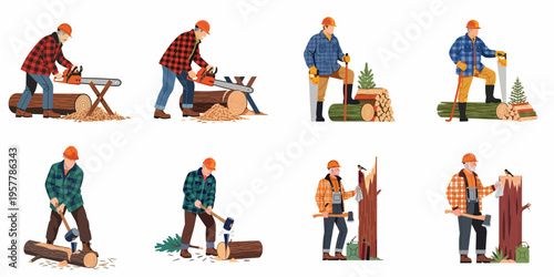 Collection of flat illustrations showing lumberjacks in safety gear sawing, splitting, and processing wood logs with various forestry tools on a white background.