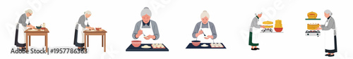 Illustration set of an elderly woman preparing traditional handmade dumplings, from rolling dough to steaming, shown in a sequential character design.